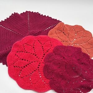Lot of 4 Red Orange Crochet Round Different Sized Doilies